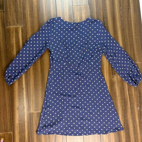 70s Navy Blue Polka Dot Long Sleeve Mini A line Dress, keyhole front tie, V Neck - Picture 14 of 16